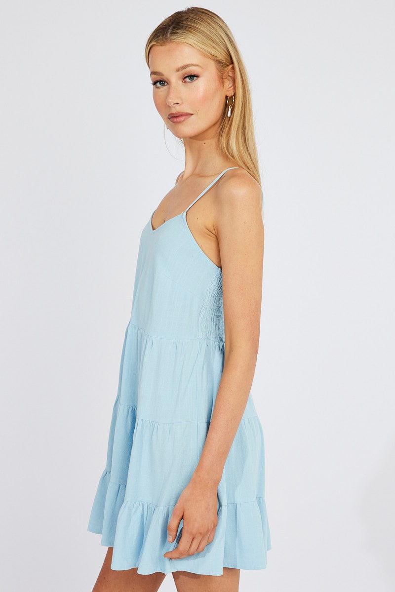 Blue Fit and Flare Dress Sleeveless Tiered for Ally Fashion