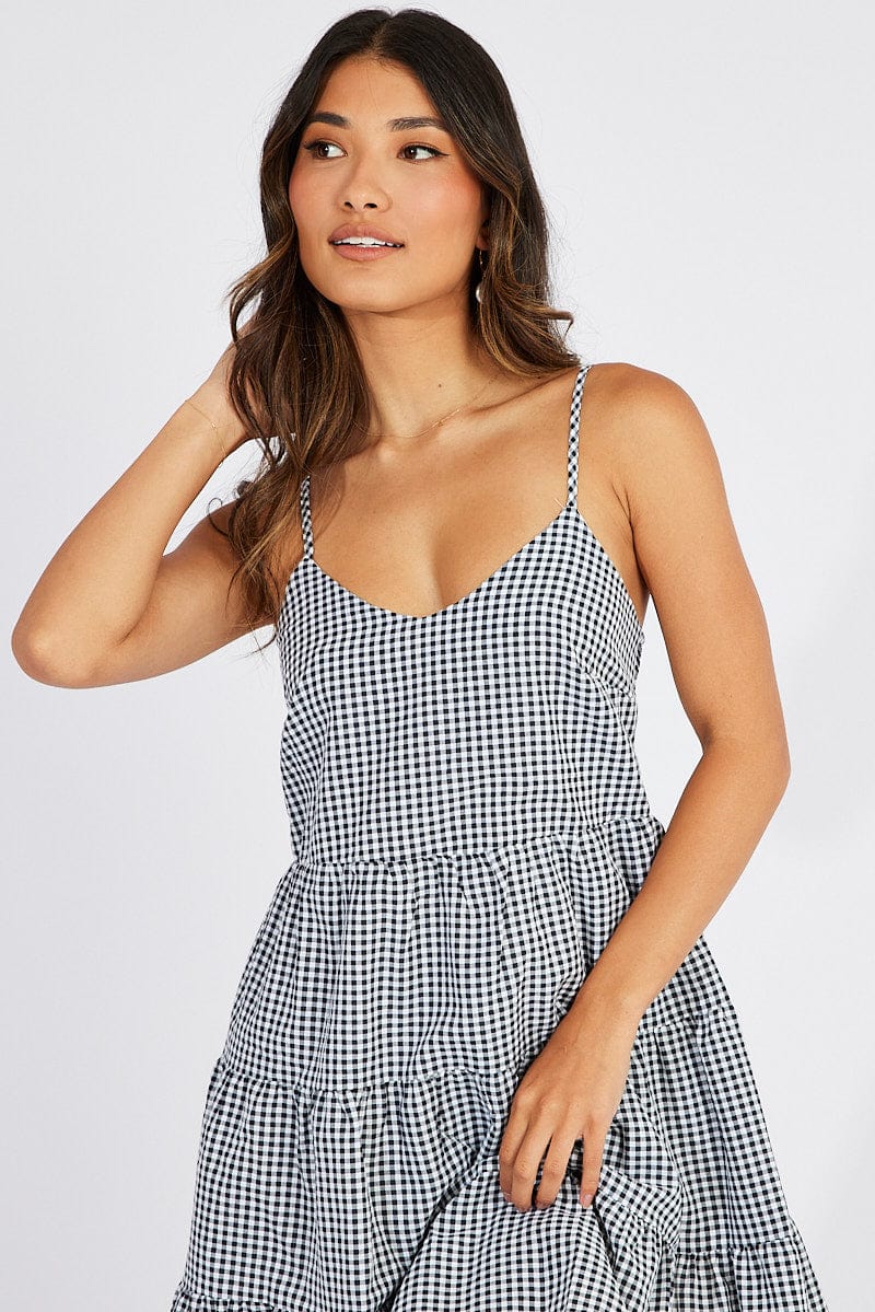 Black Check Fit and Flare Dress Sleeveless Tiered for Ally Fashion