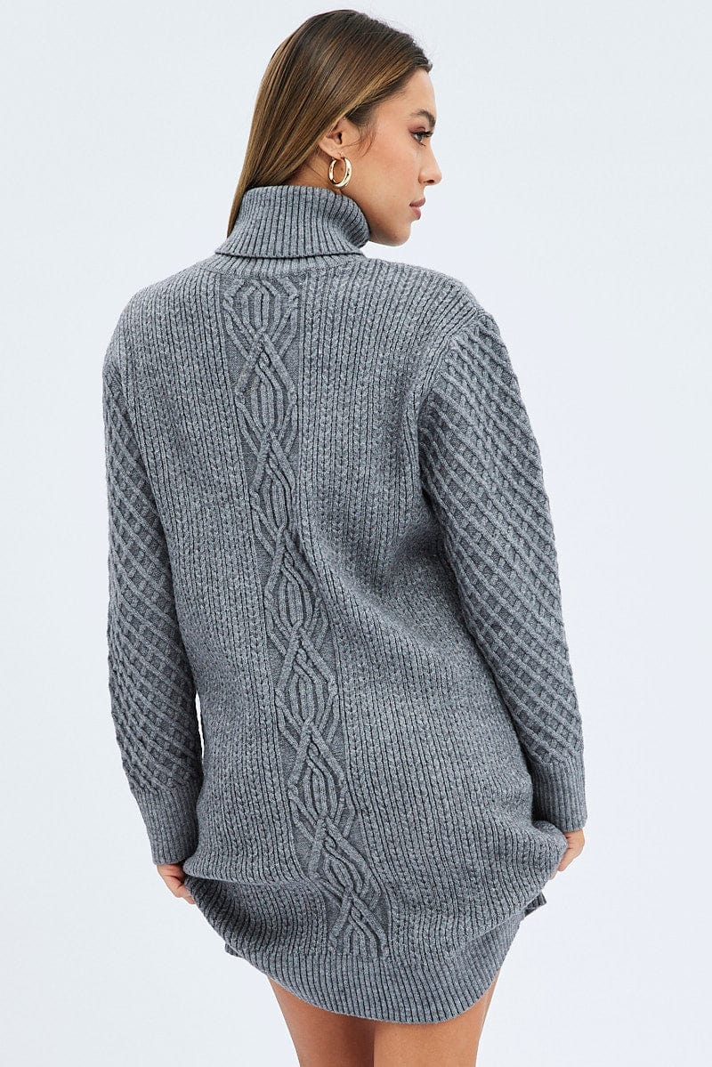 Grey Knit Dress Long Sleeve Turtleneck Cable | Ally Fashion