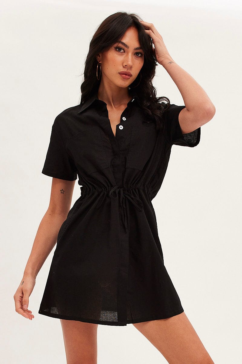 Black Shirt Dress Pocket Short Sleeve Button Front for Ally Fashion