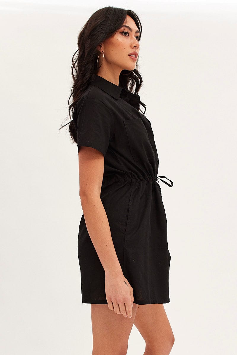 Black Shirt Dress Pocket Short Sleeve Button Front for Ally Fashion