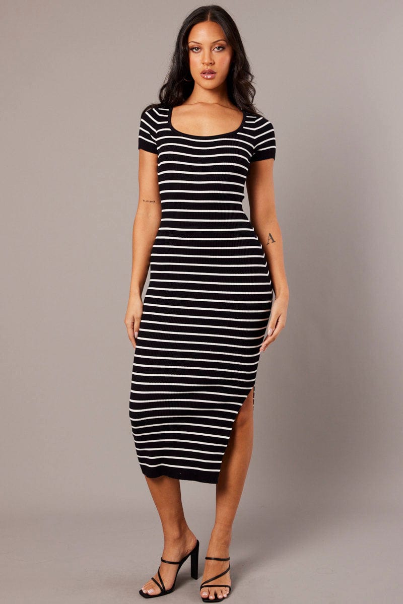 Black Stripe Knit Dress Short Sleeve Bodycon Midi for Ally Fashion