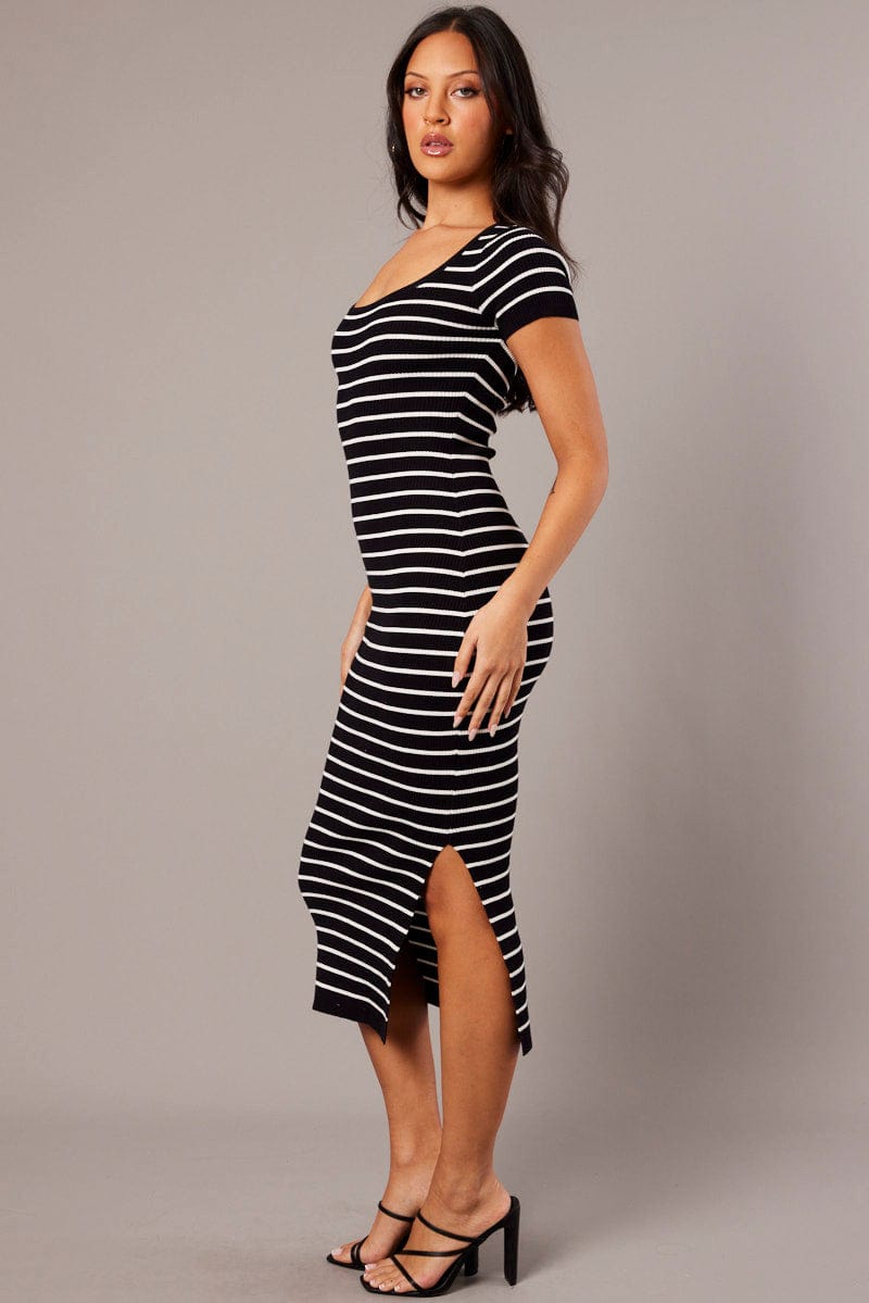 Black Stripe Knit Dress Short Sleeve Bodycon Midi for Ally Fashion