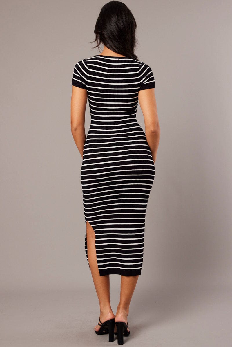 Black Stripe Knit Dress Short Sleeve Bodycon Midi for Ally Fashion