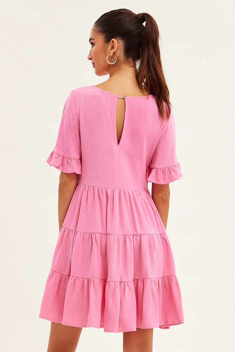 Pink Relaxed Dress Short Sleeve Tiered Linen Blend for Ally Fashion