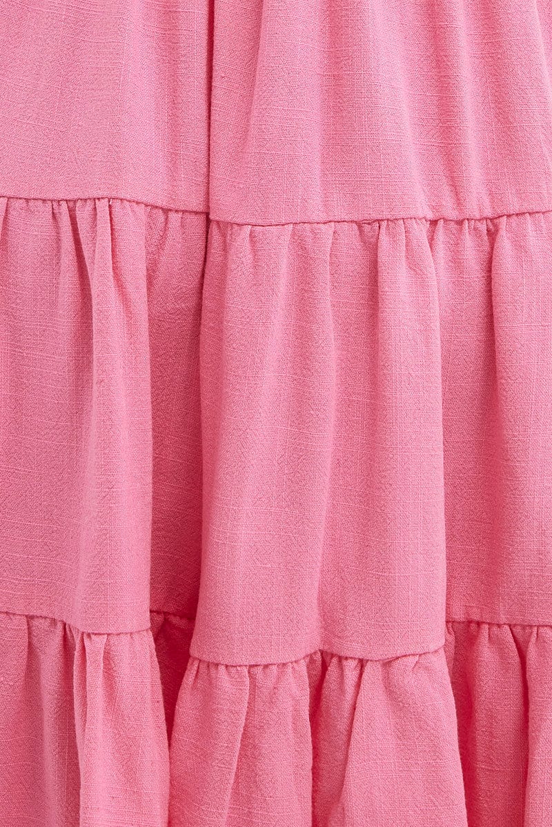 Pink Relaxed Dress Short Sleeve Tiered Linen Blend for Ally Fashion