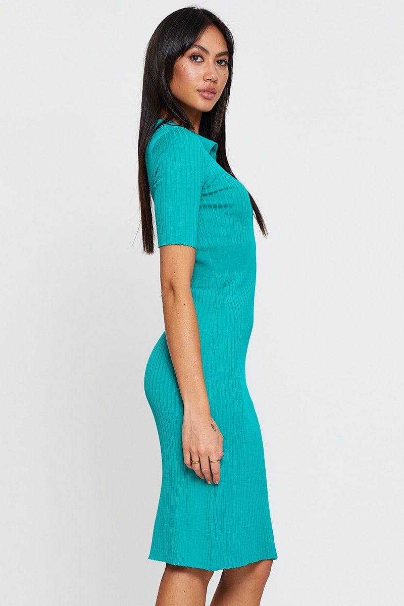 MIDI DRESS Green Dress Short Sleeve Midi Collared Knit for Women by Ally