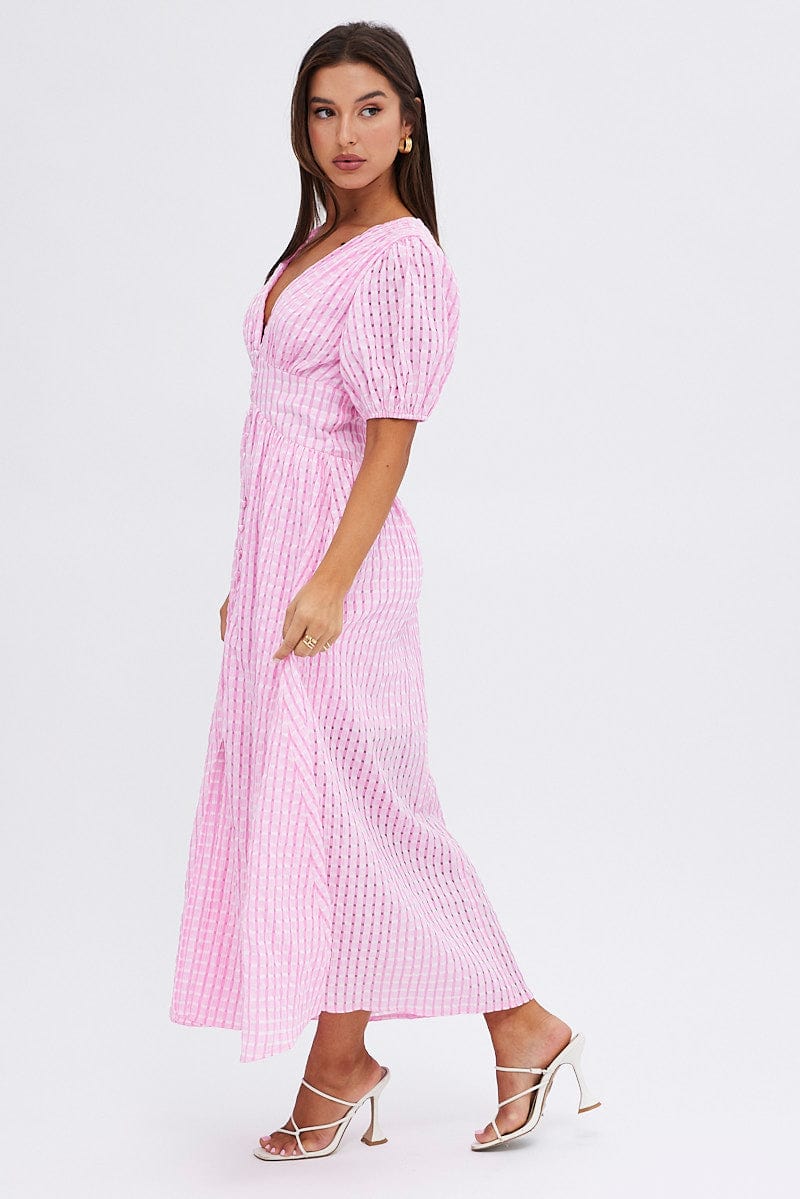 Pink Check Midi Dress Puff Sleeve V-Neck for Ally Fashion