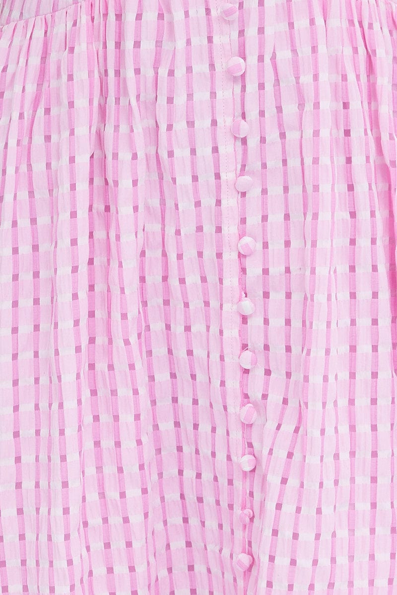 Pink Check Midi Dress Puff Sleeve V-Neck for Ally Fashion