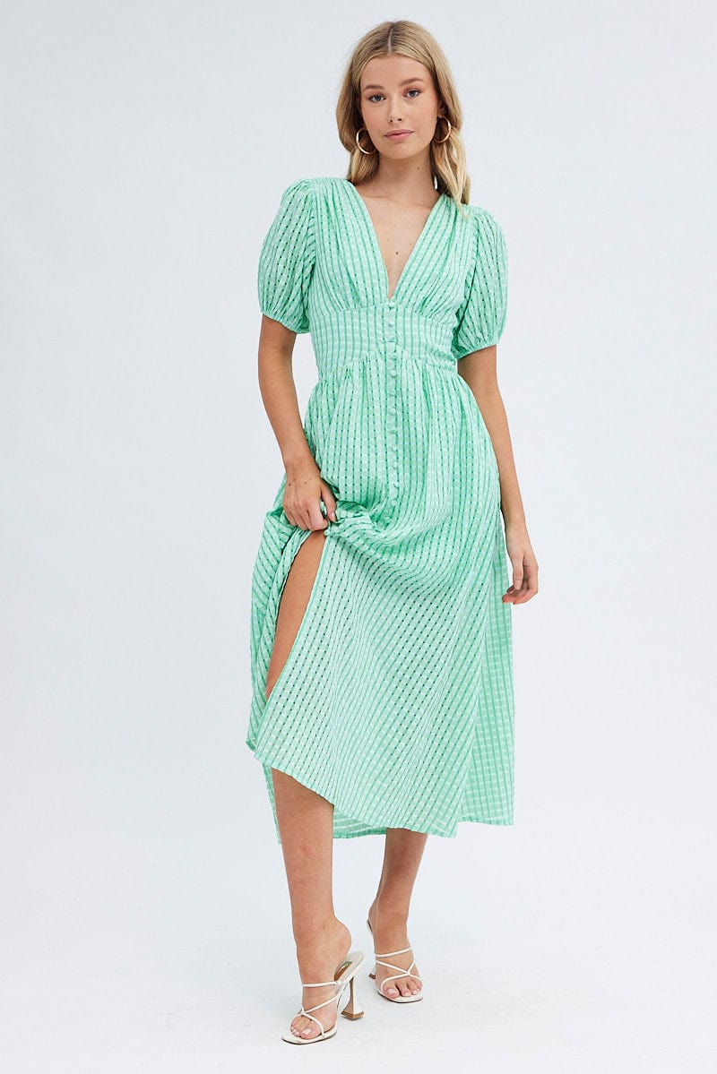 Green Check Check Puff Sleeve Midi Dress for Ally Fashion