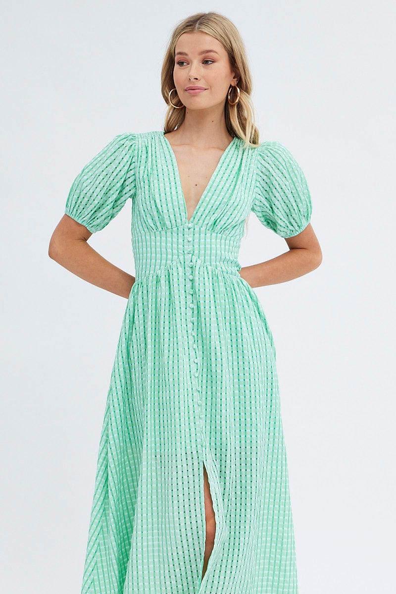 Green Check Check Puff Sleeve Midi Dress for Ally Fashion