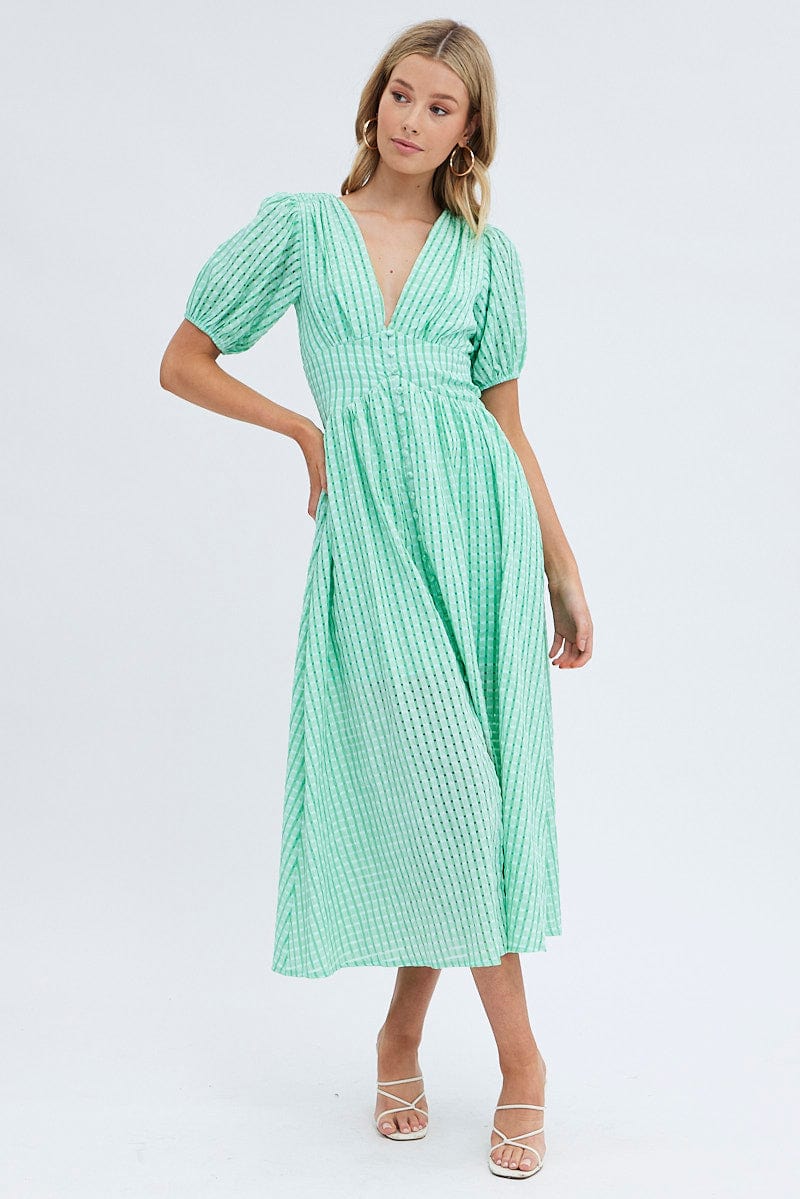 Green Check Check Puff Sleeve Midi Dress for Ally Fashion