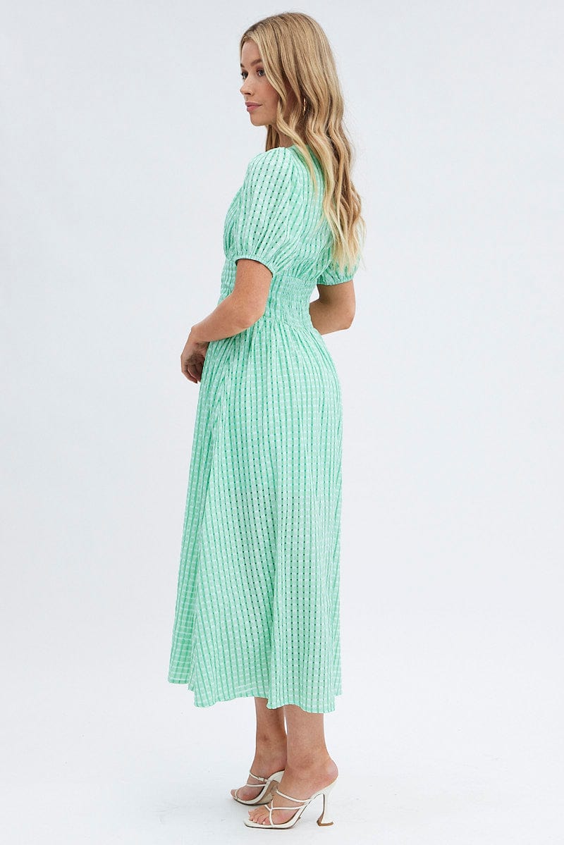 Green Check Check Puff Sleeve Midi Dress for Ally Fashion