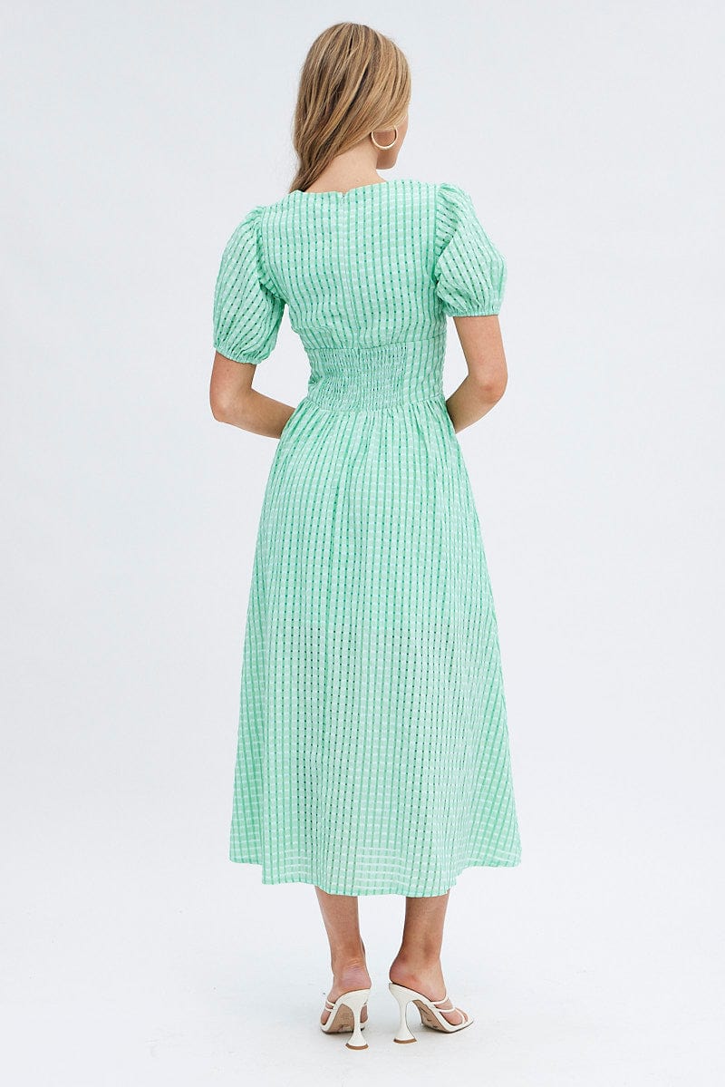 Green Check Check Puff Sleeve Midi Dress for Ally Fashion