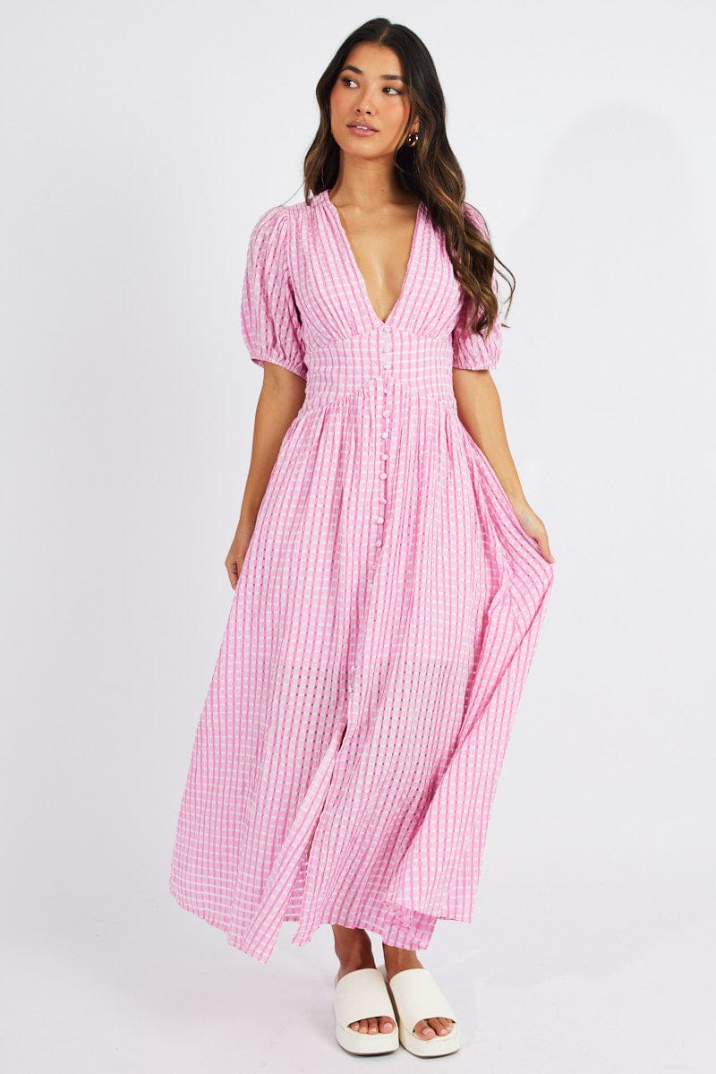 Pink Midi Dress Puff Sleeve for Ally Fashion