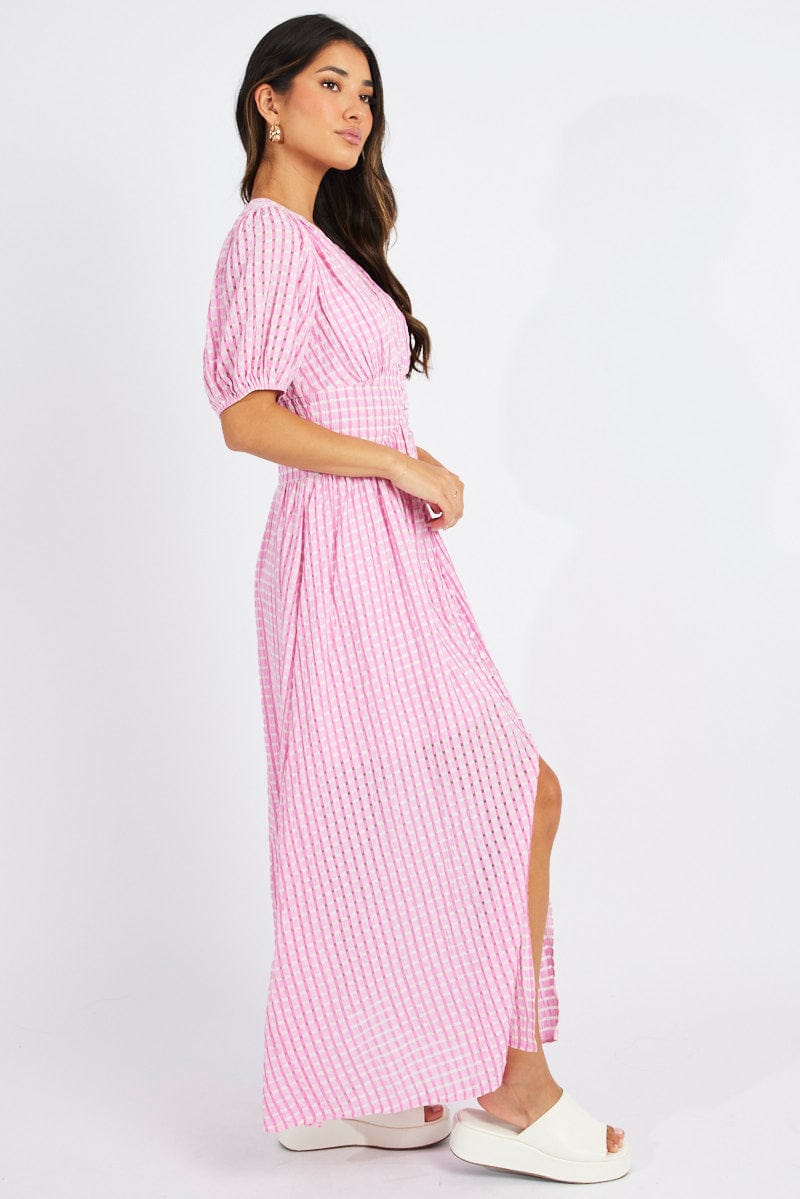 Pink Midi Dress Puff Sleeve for Ally Fashion