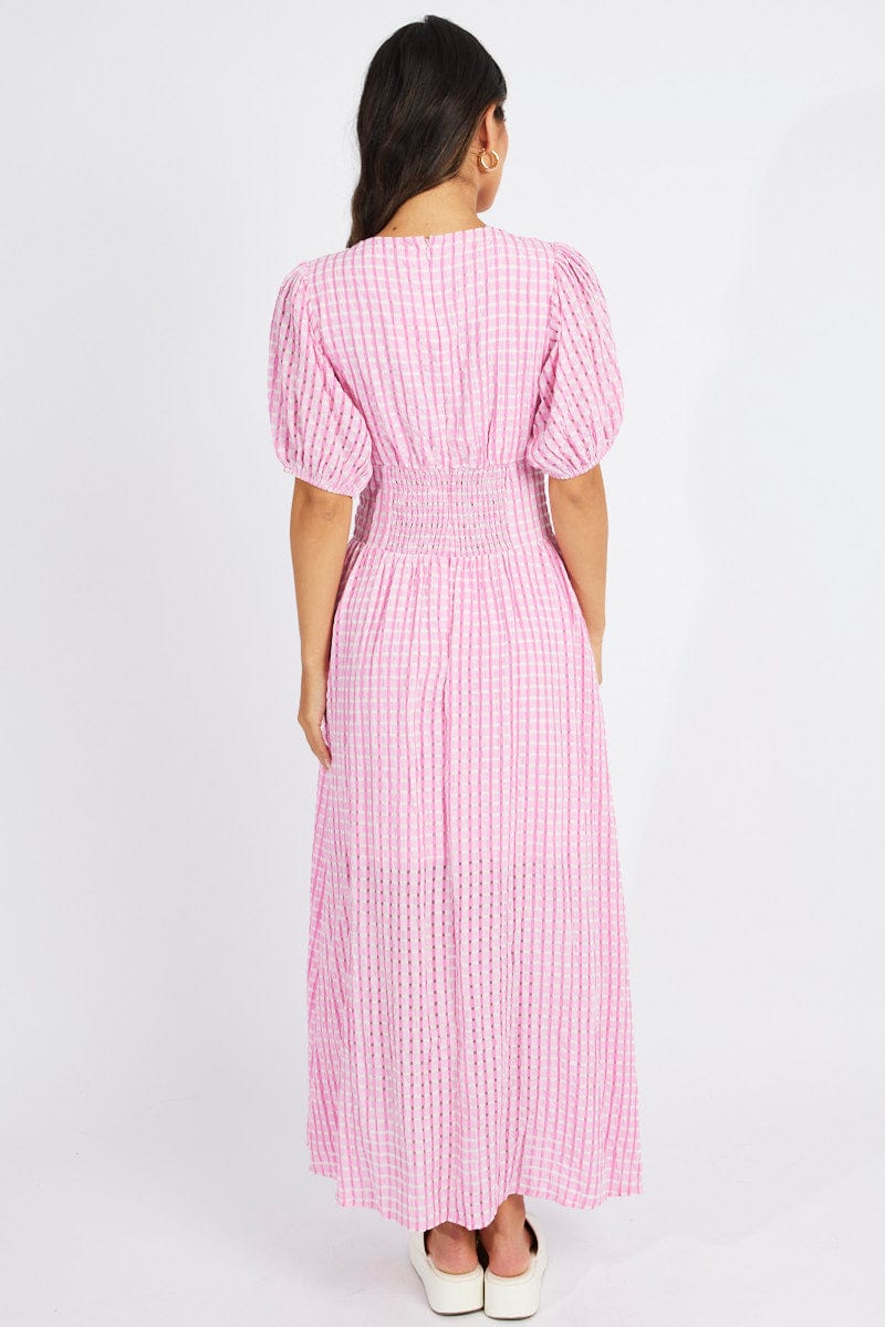 Pink Midi Dress Puff Sleeve for Ally Fashion