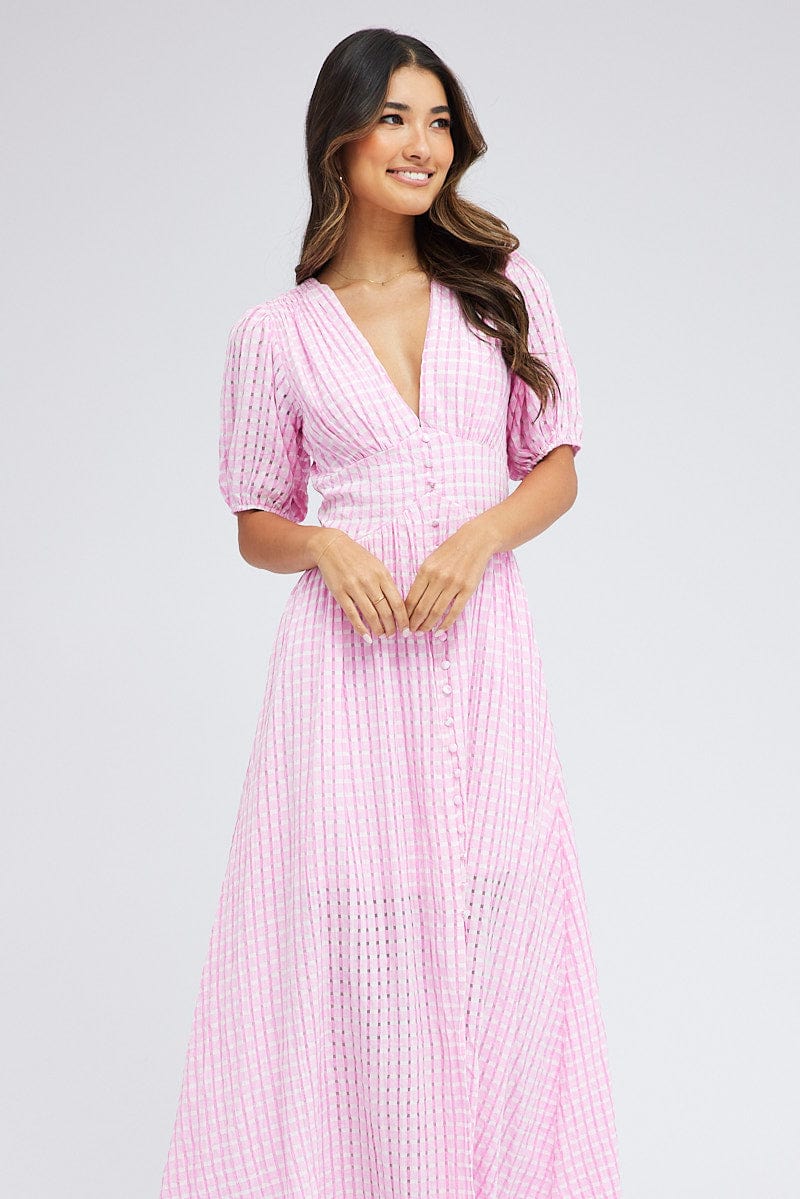 Purple Check Midi Dress Puff Sleeve for Ally Fashion