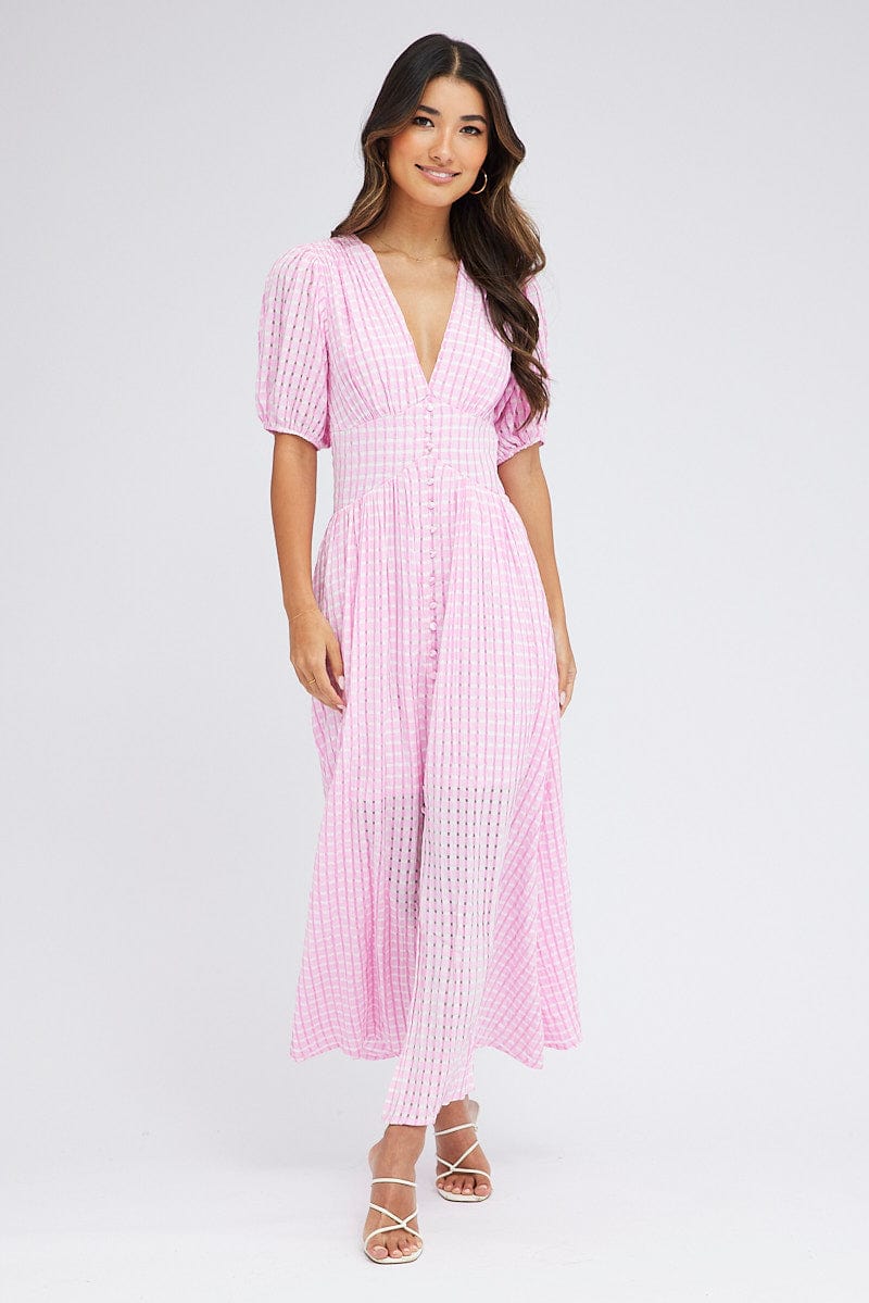 Purple Check Midi Dress Puff Sleeve for Ally Fashion