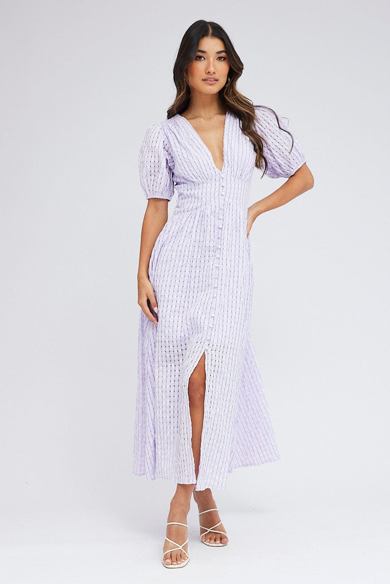 Purple Check Midi Dress Puff Sleeve for Ally Fashion