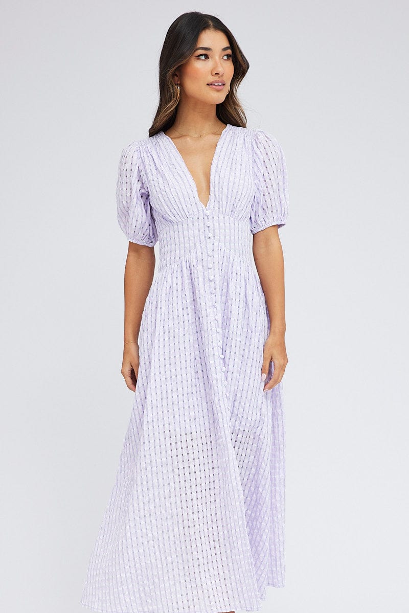 Purple Check Midi Dress Puff Sleeve for Ally Fashion