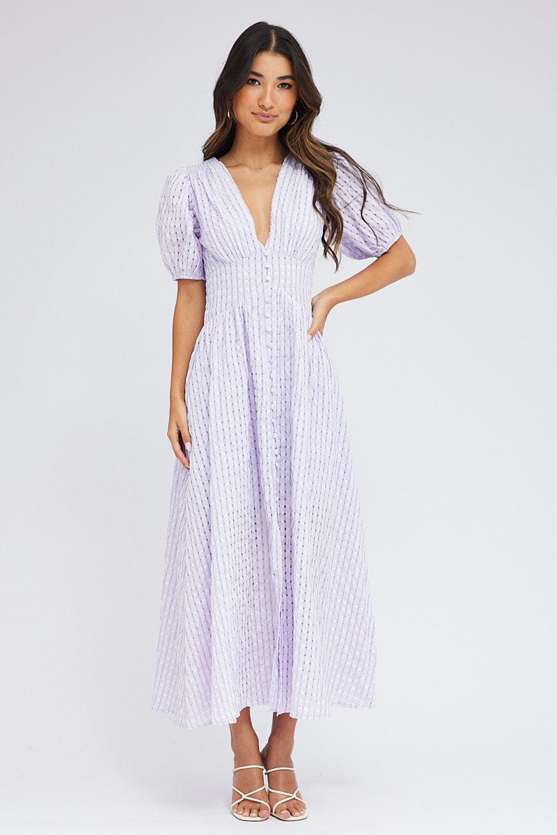 Purple Check Midi Dress Puff Sleeve for Ally Fashion