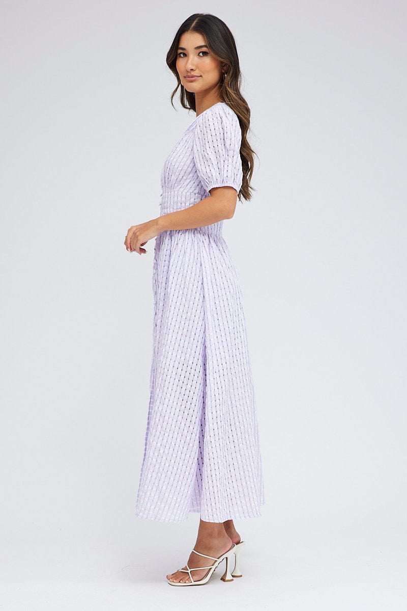 Purple Check Midi Dress Puff Sleeve for Ally Fashion