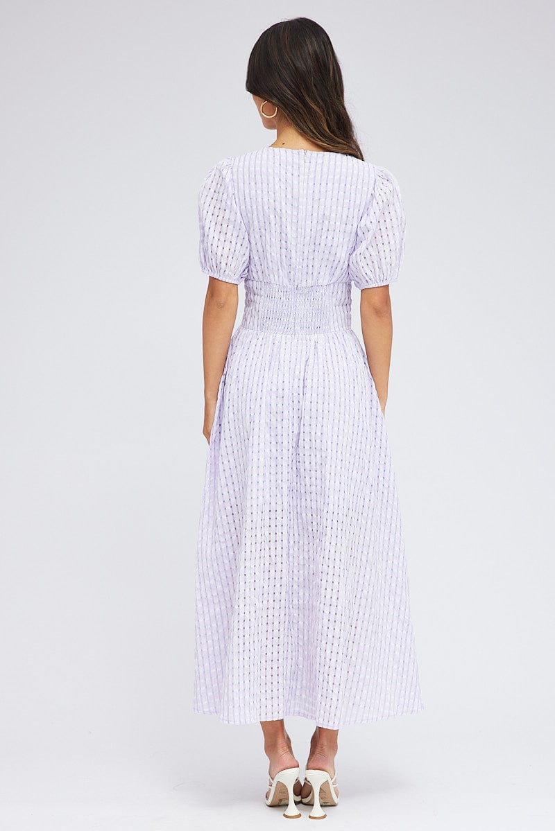 Purple Check Midi Dress Puff Sleeve for Ally Fashion