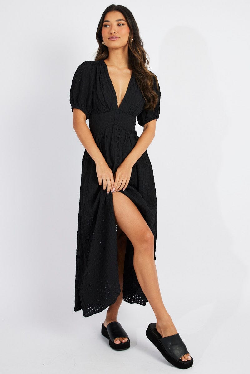 Black Midi Dress Puff Sleeve for Ally Fashion