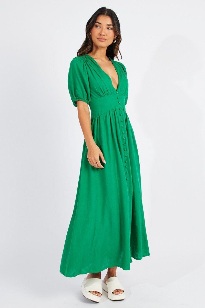 Green Midi Dress Puff Sleeve for Ally Fashion