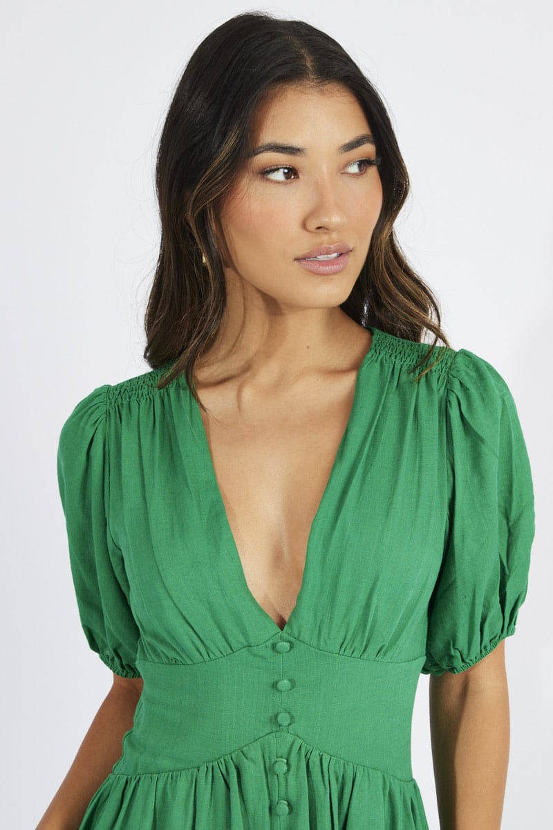 Green Midi Dress Puff Sleeve for Ally Fashion