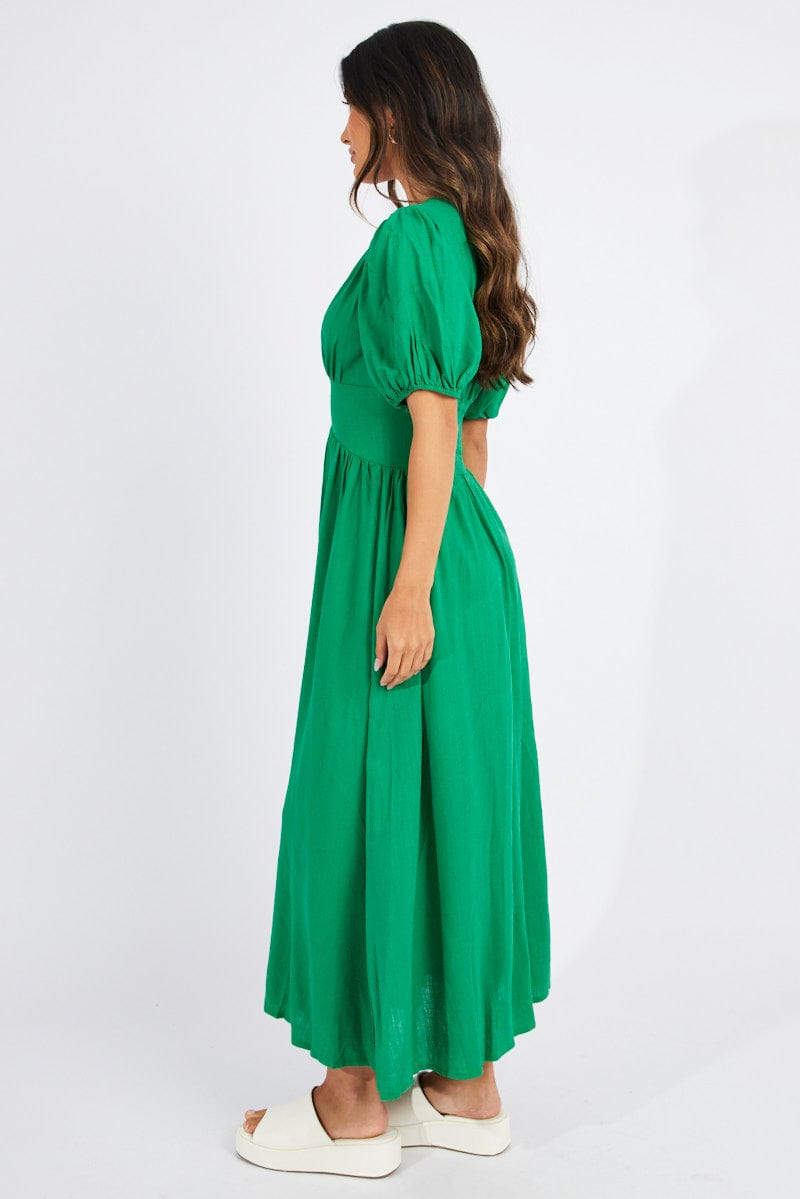 Green Midi Dress Puff Sleeve | Ally Fashion