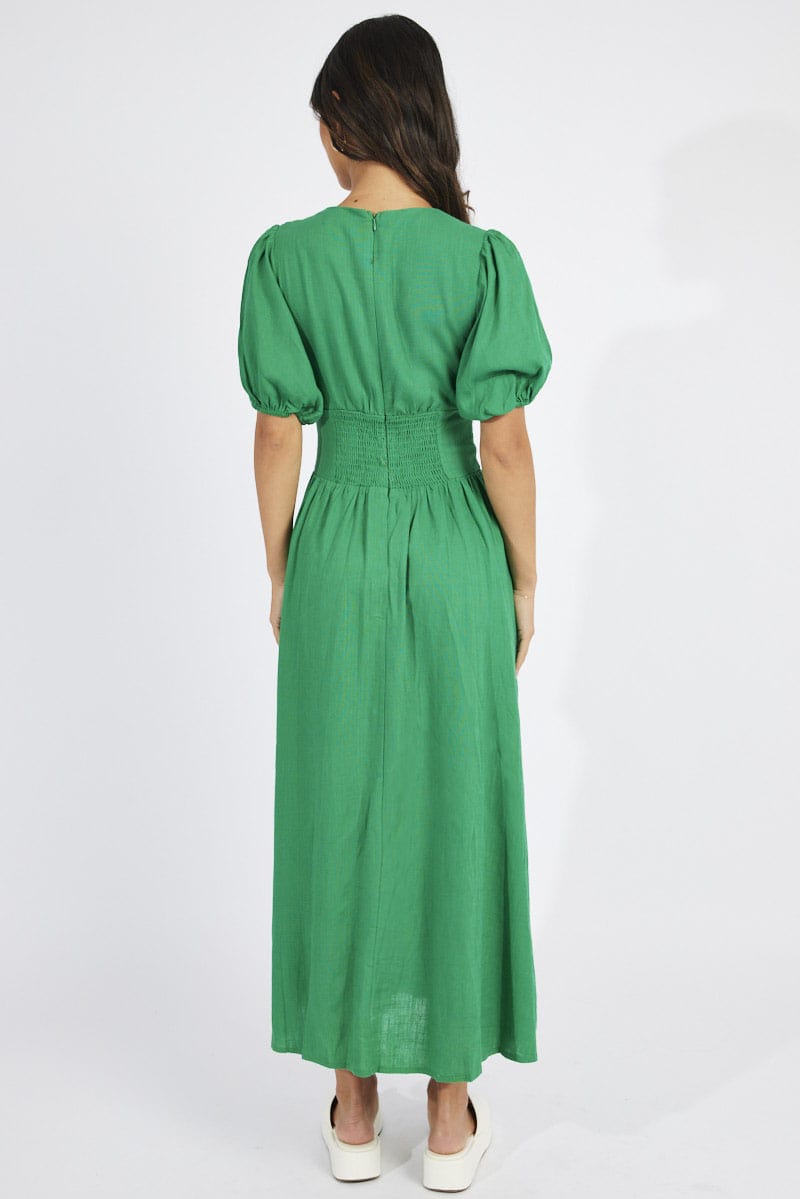 Green Midi Dress Puff Sleeve | Ally Fashion