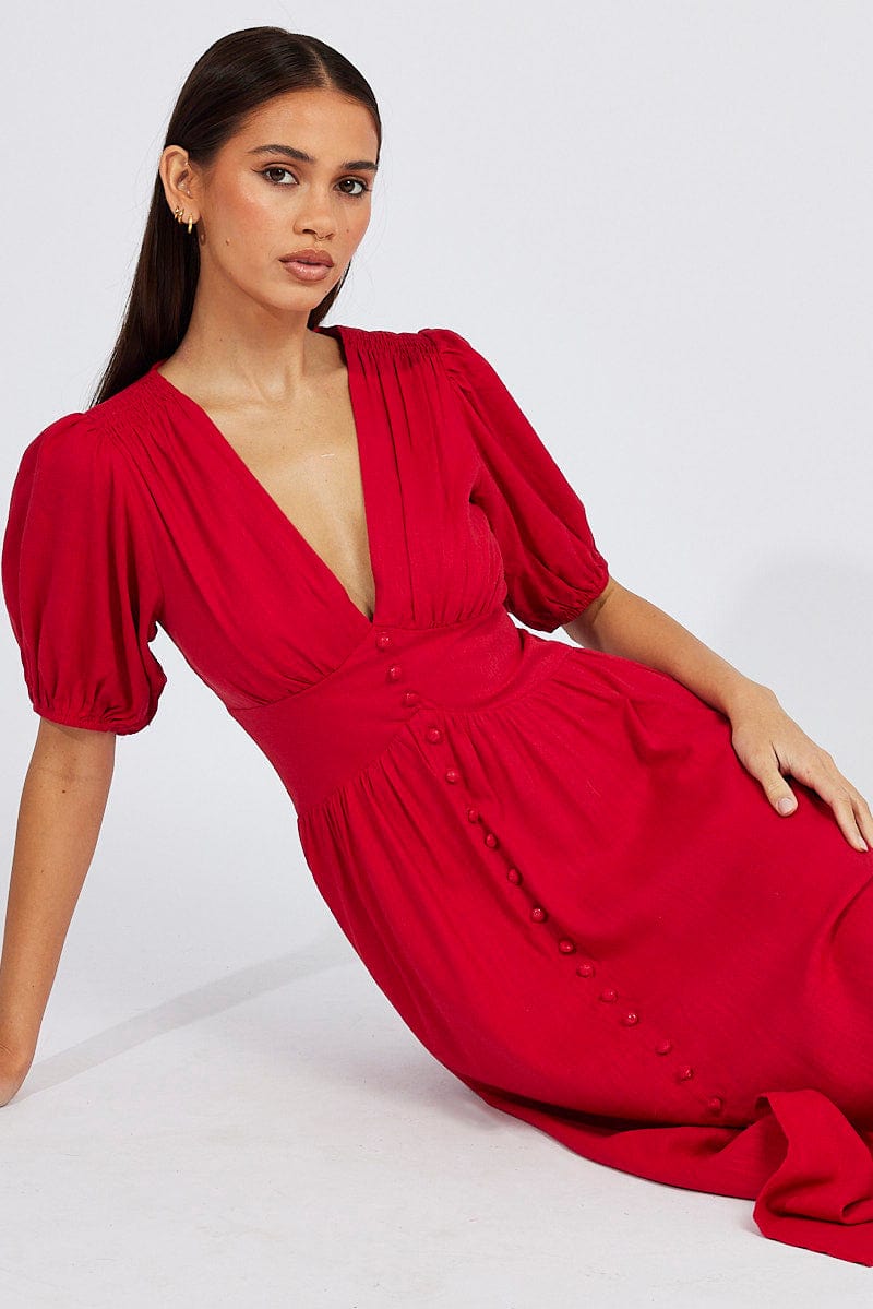 Red Midi Dress Puff Sleeve for Ally Fashion