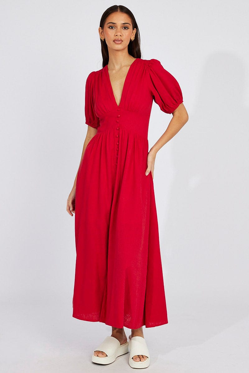 Red Midi Dress Puff Sleeve for Ally Fashion