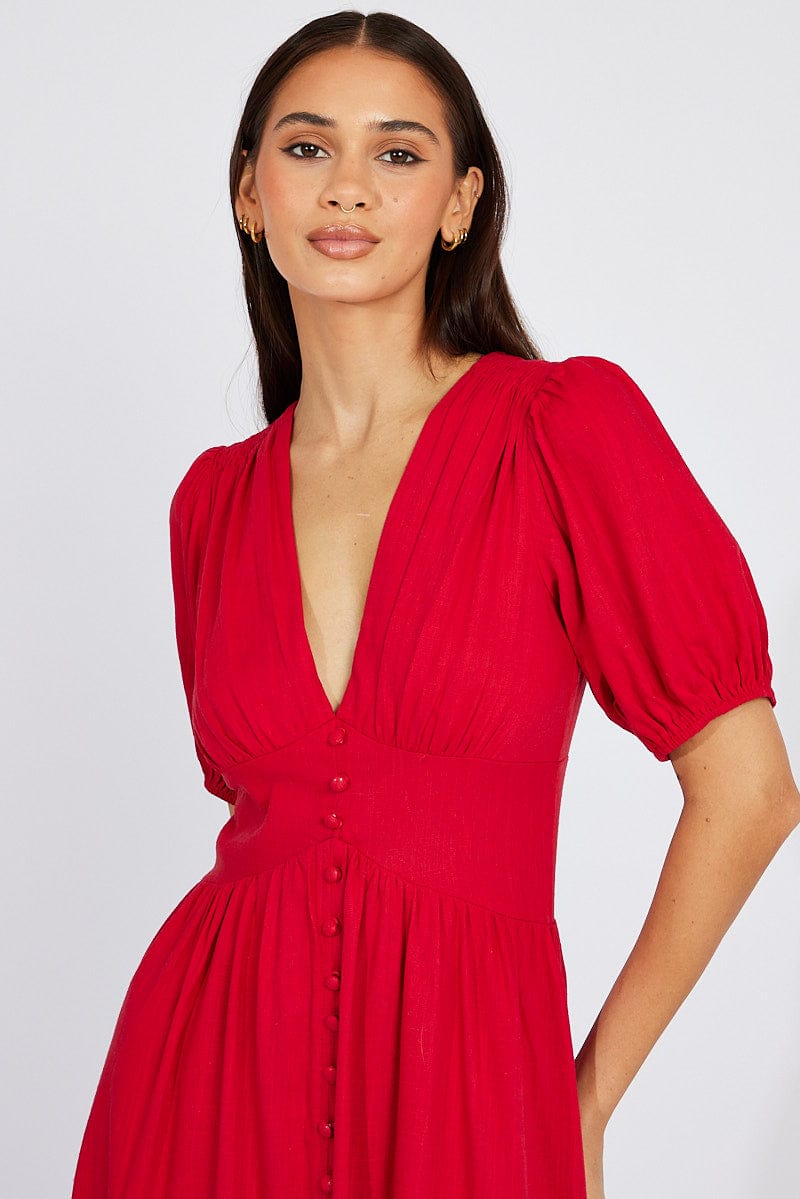 Red Midi Dress Puff Sleeve | Ally Fashion
