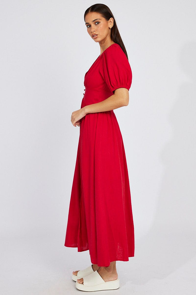 Red Midi Dress Puff Sleeve for Ally Fashion