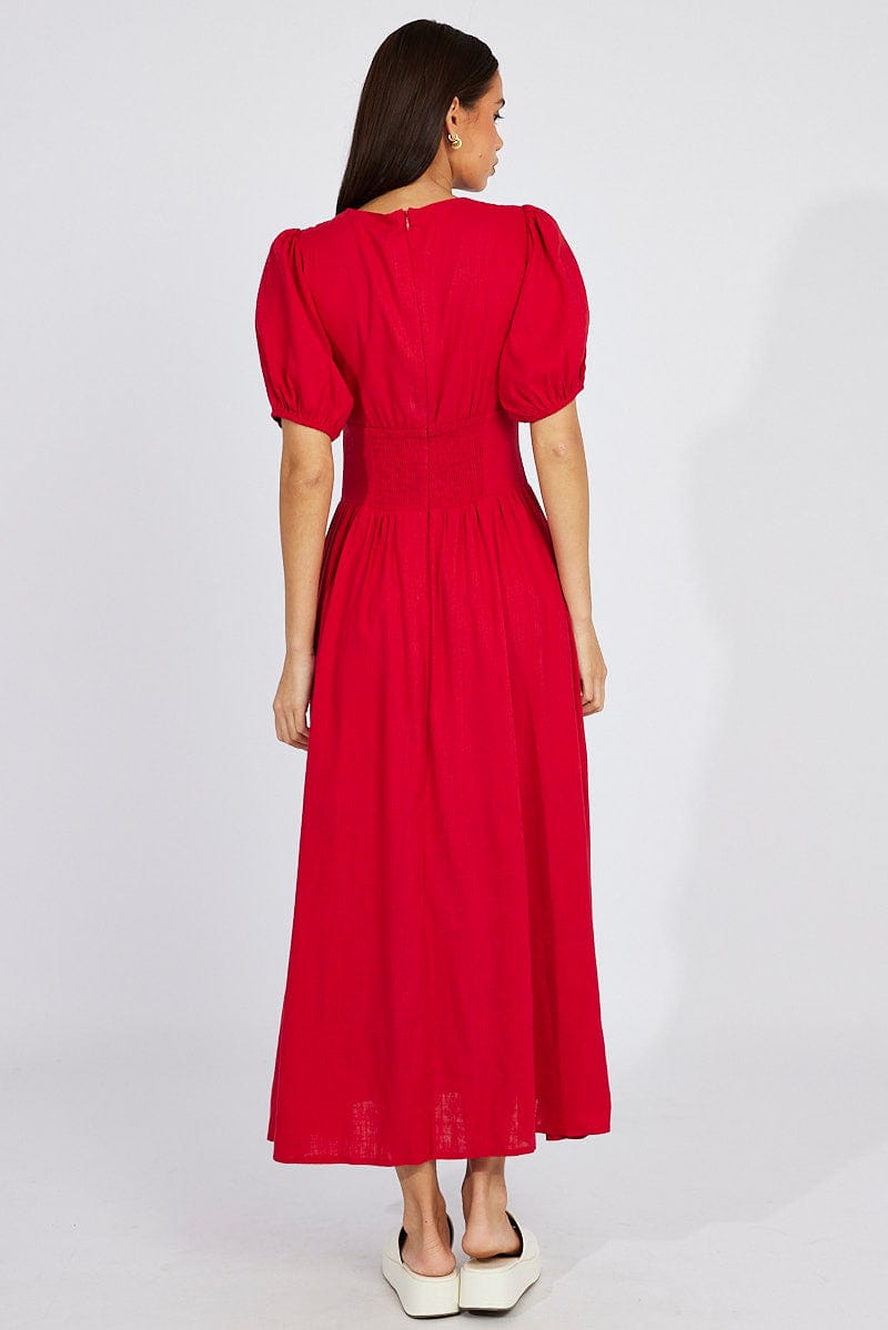 Red Midi Dress Puff Sleeve for Ally Fashion