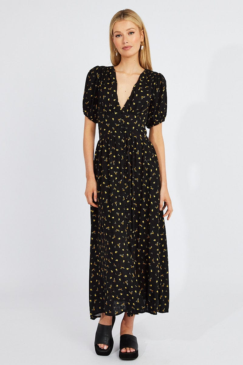 Black Floral Midi Dress Puff Sleeve for Ally Fashion