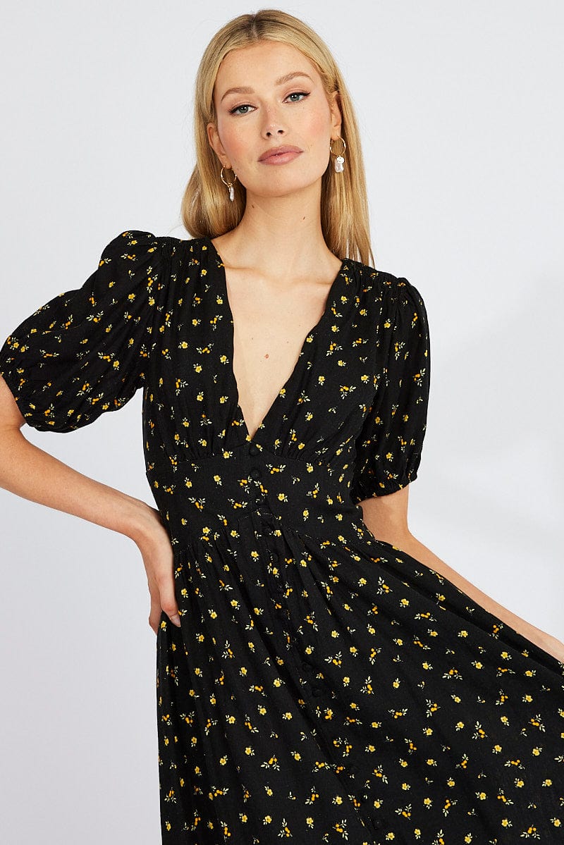 Black Floral Midi Dress Puff Sleeve for Ally Fashion