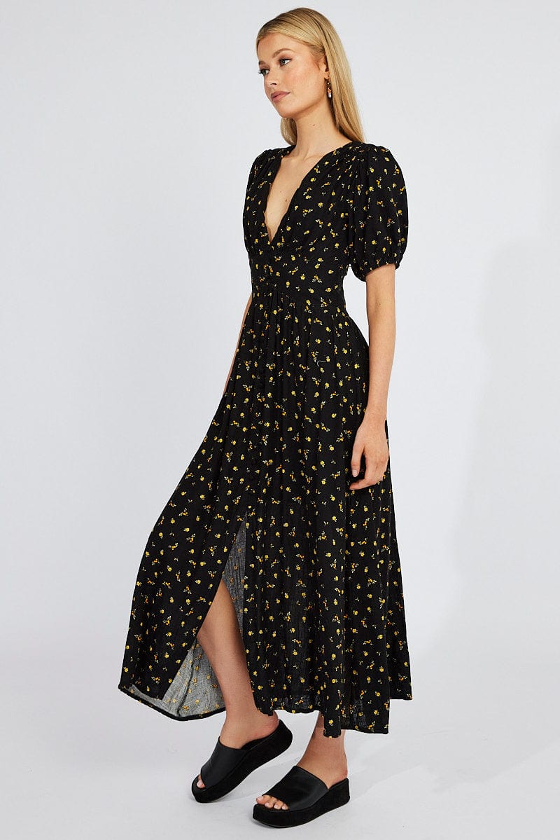 Black Floral Midi Dress Puff Sleeve for Ally Fashion