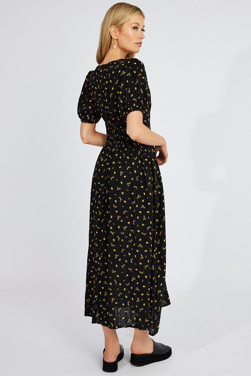 Black Floral Midi Dress Puff Sleeve for Ally Fashion