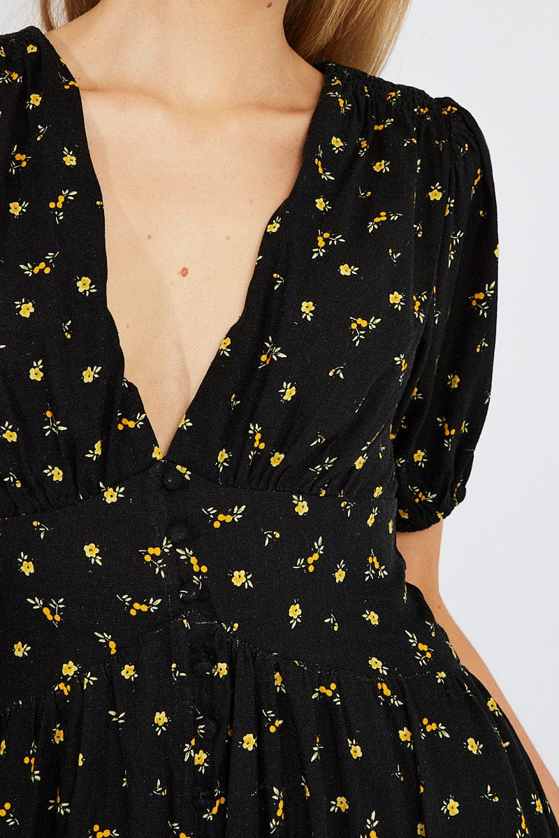 black dress with yellow flowers Black Floral Midi Dress Puff Sleeve