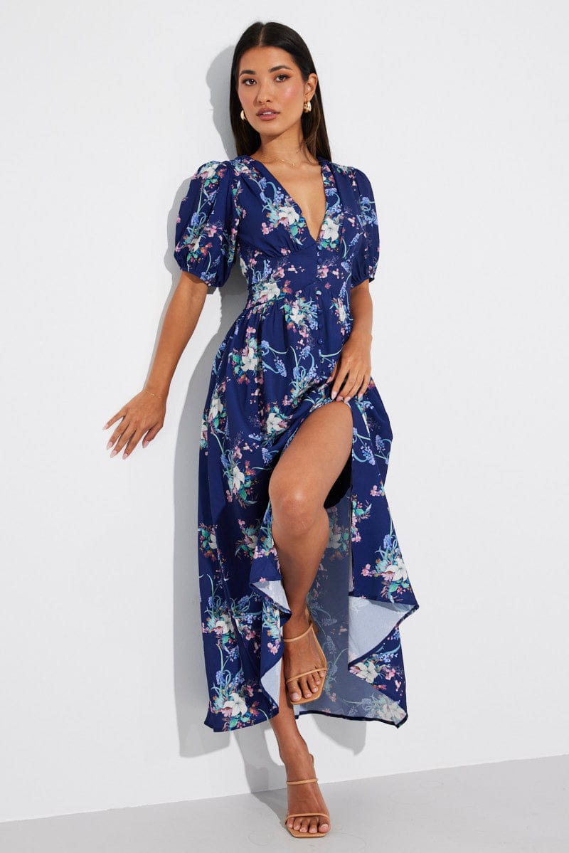 Blue Floral Midi Dress Puff Sleeve for Ally Fashion