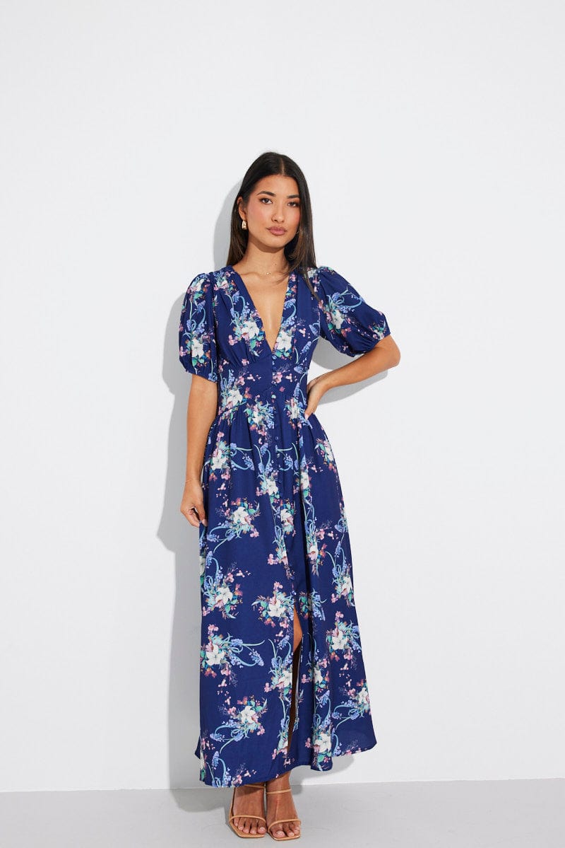 Blue Floral Midi Dress Puff Sleeve for Ally Fashion