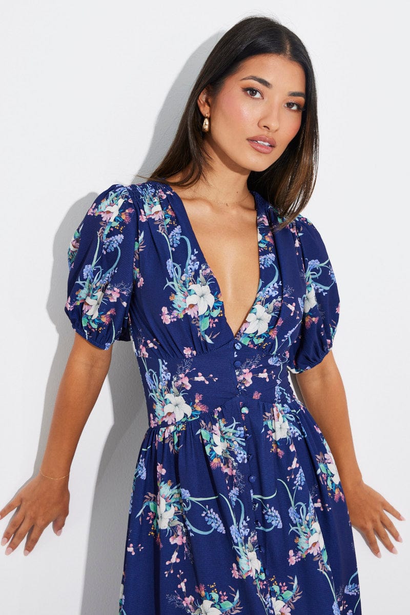 Blue Floral Midi Dress Puff Sleeve for Ally Fashion