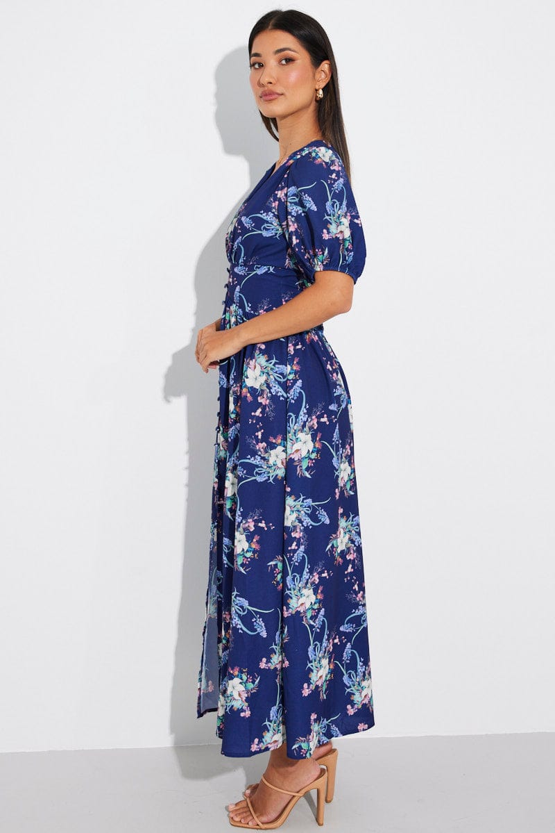 Blue Floral Midi Dress Puff Sleeve for Ally Fashion