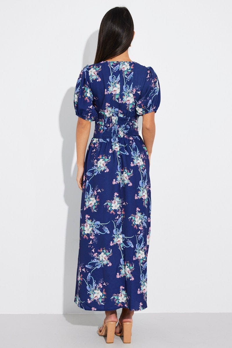 Blue Floral Midi Dress Puff Sleeve for Ally Fashion