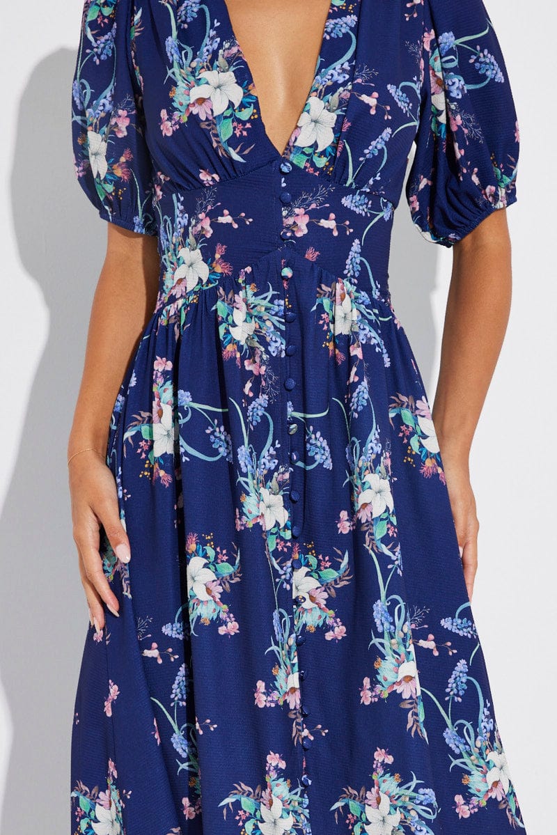 Blue Floral Midi Dress Puff Sleeve for Ally Fashion