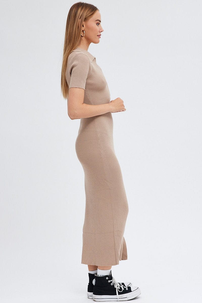 Beige Knit Dress Short Sleeve Maxi Collared for Ally Fashion